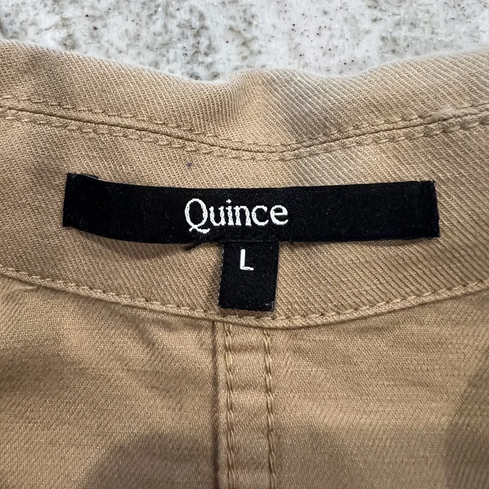 QUINCE Organic Cotton Linen Twill Jumpsuit Women L Long Sleeve Camel Sustainable